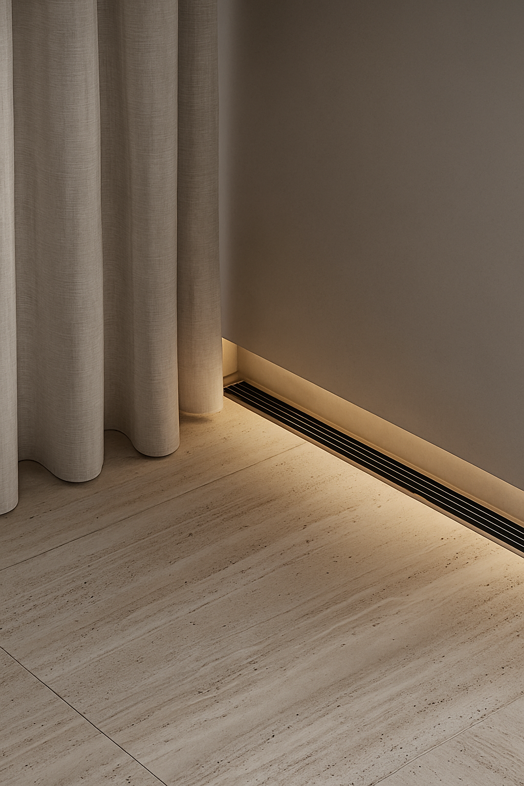 Скрытый линейный диффузор в теневом примыкании потолка у чёрной портьеры, тёплый контур пола у витража.