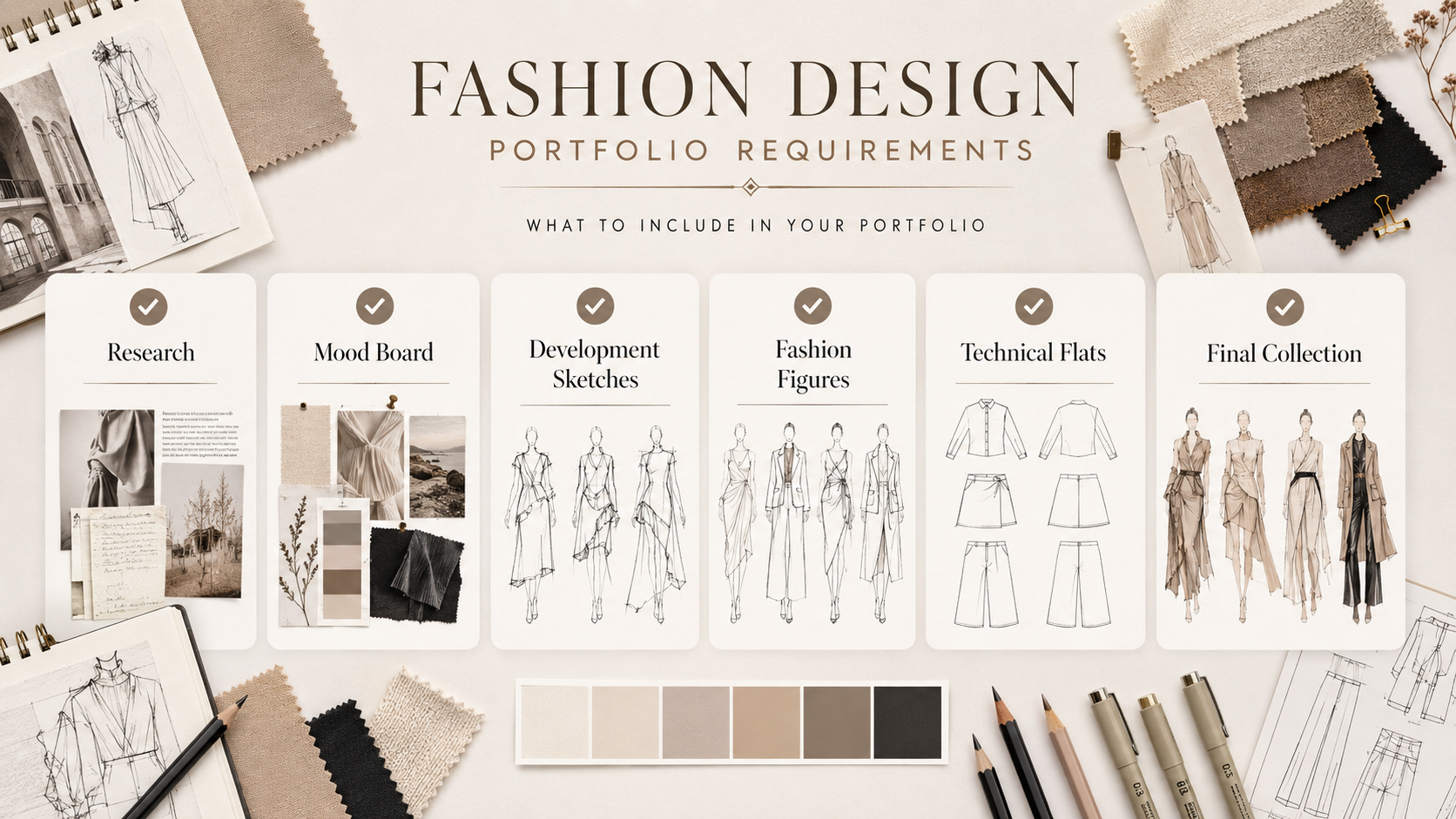 Fashion college application checklist with portfolio, sketchbook, personal statement, English test, interview, and university research.
