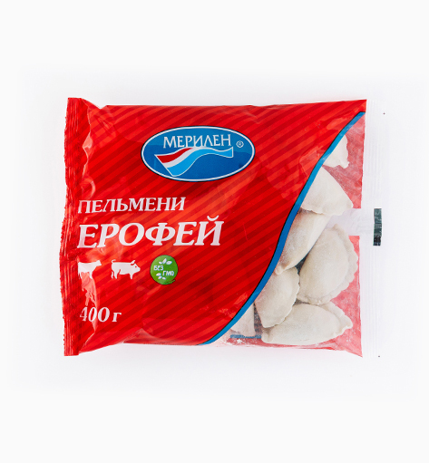 Пельмени «Ерофей» от производителя Мерилен — замороженные полуфабрикаты с начинкой из говядины, свинины и шпика, со специями и чесноком. Упаковка: 400 гр. Традиционный русский вкус.