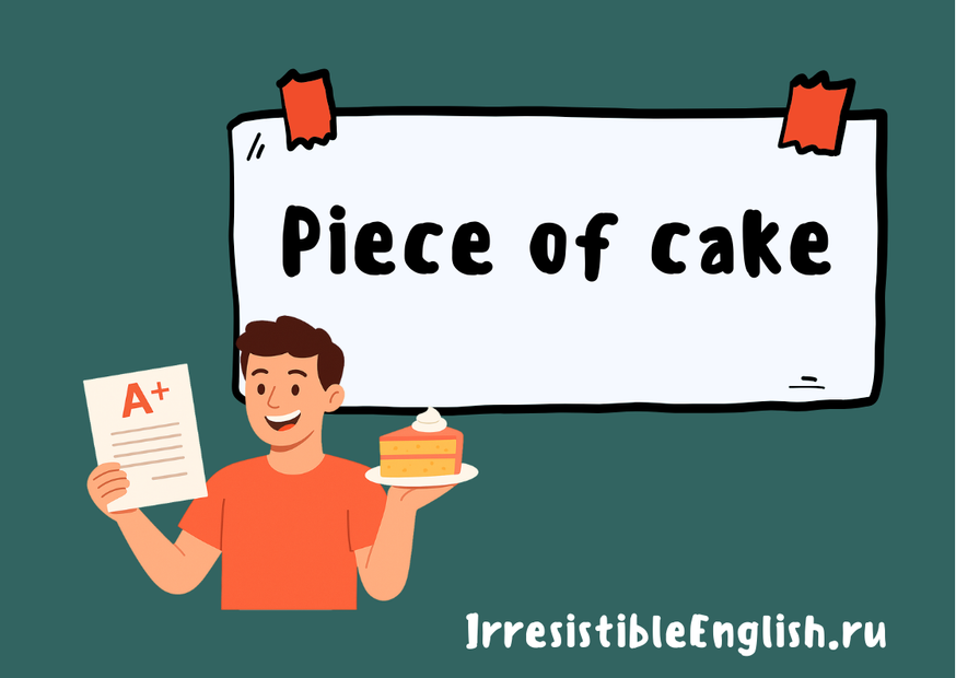 Иллюстрация улыбающегося парня в оранжевой футболке, который держит в одной руке листок с оценкой «A+», а в другой — кусок торта на тарелке. На фоне большой белый плакат с надписью «Piece of cake».