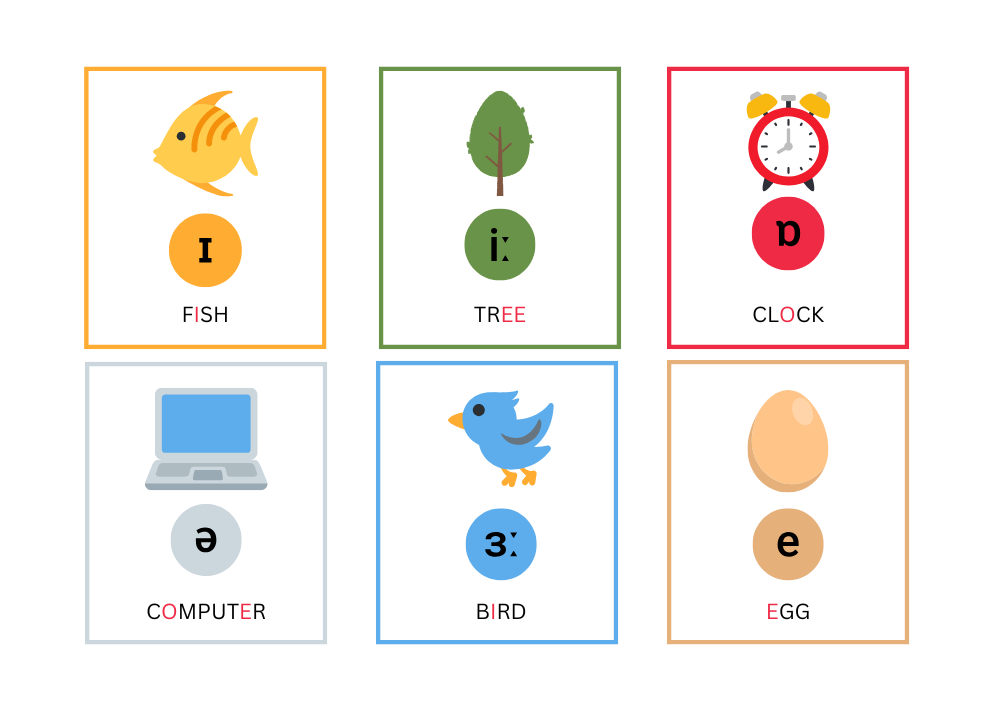 Карточки английских гласных звуков с примерами слов: ɪ — fish, iː — tree, ɒ — clock, ə — computer, ɜː — bird, e — egg