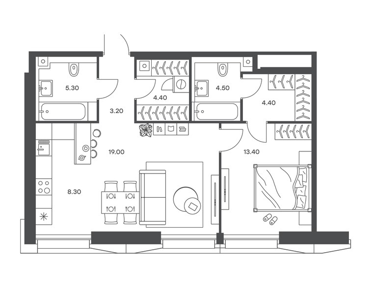 Планировка 1-комнатной квартиры 62,5 м² в ЖК «Инджой»: секция 10, 30-й этаж