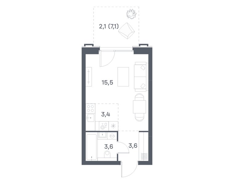 Планировка студии 28,2 м² в ЖК Portland: корпус 5, секция 1, 2-й этаж
