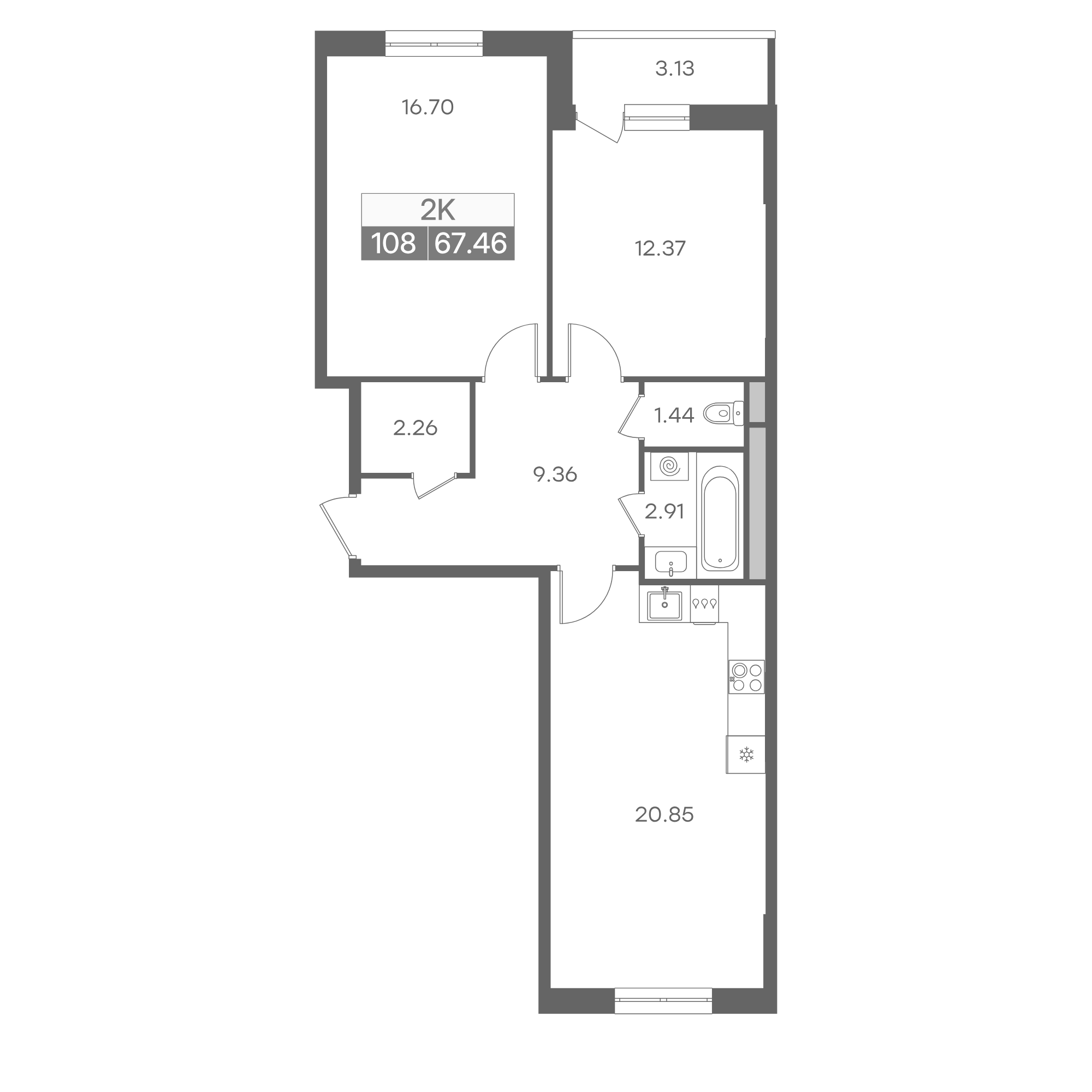 Планировка двухкомнатной квартиры 65.90 м² в доме 15 ЖК Новая Жизнь