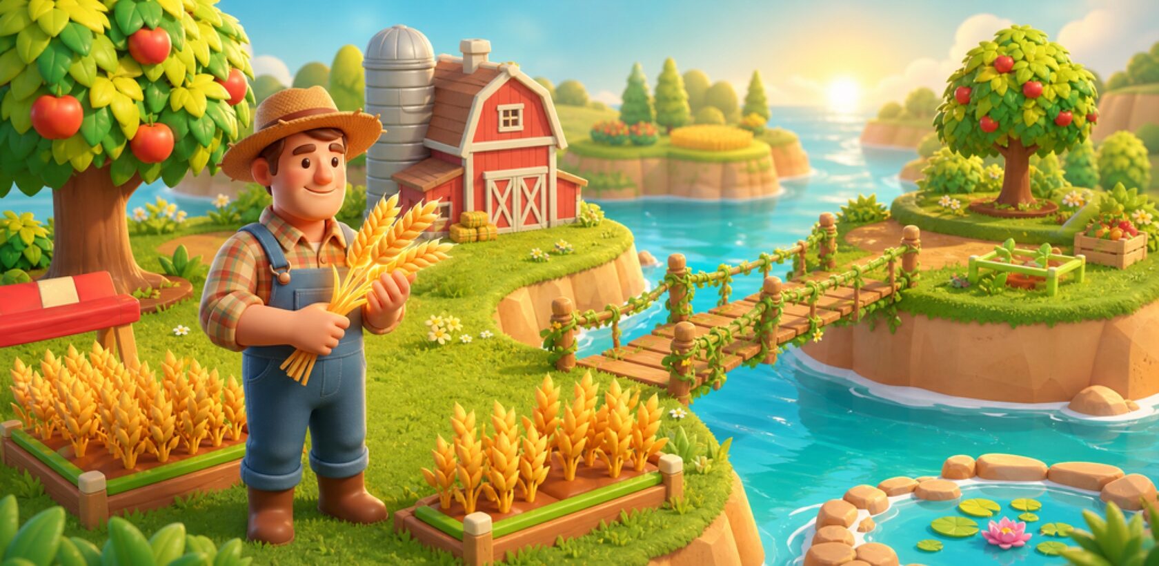 Красочный остров Sunberry Farm с грядками, мостами, постройками и фермером