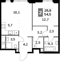 2-комн 54,5 м²