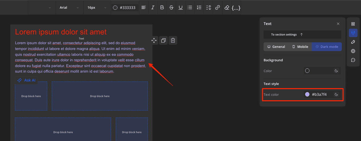Setting up text block colors for dark mode in text settings