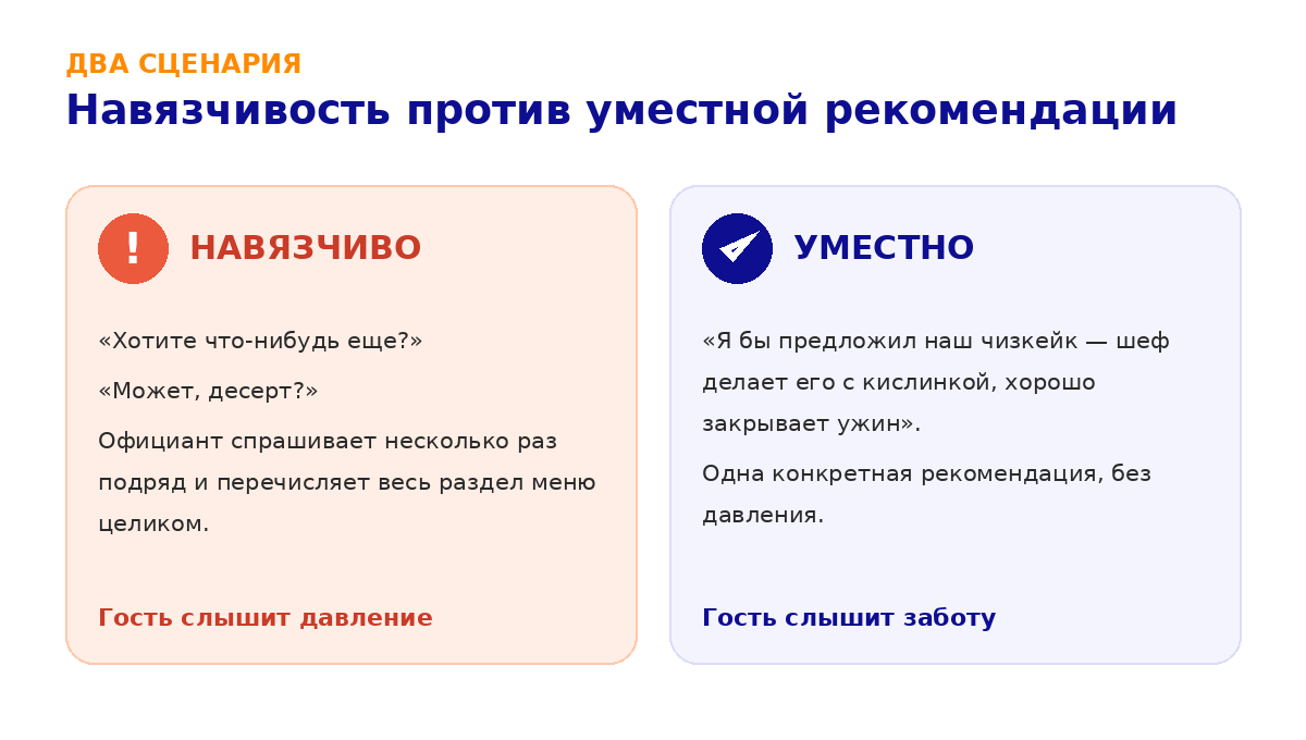Навязчивость против уместной рекомендации: два сценария поведения официанта