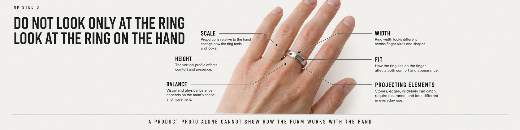 Why an unusual ring should be judged on the hand: scale, height, width, fit, balance and projecting elements