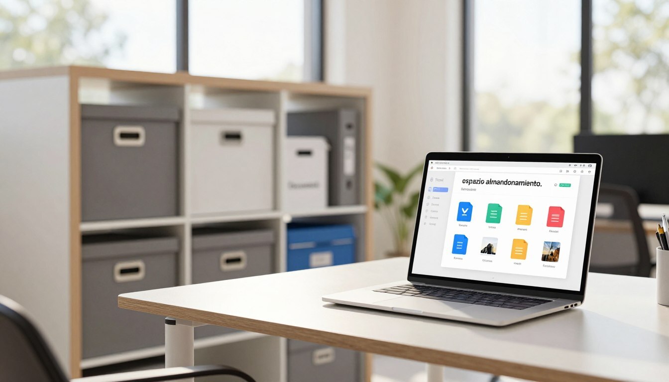 A modern workspace featuring a clear, organized storage solution symbolizing "espacio almacenamiento.