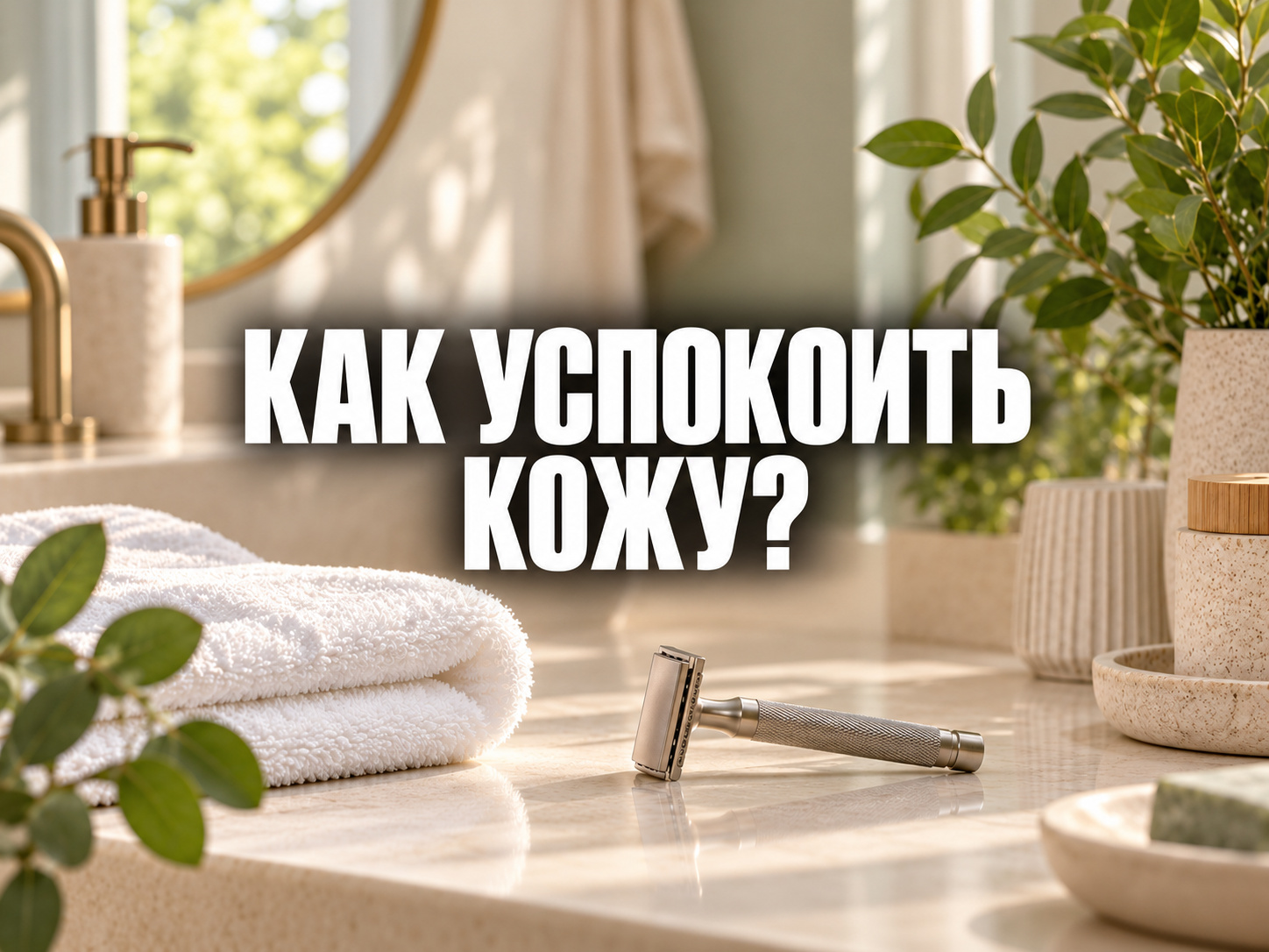 Превью «Как успокоить кожу?» на фоне чистой ванной комнаты и полотенца; по центру фраза «КАК УСПОКОИТЬ КОЖУ?»