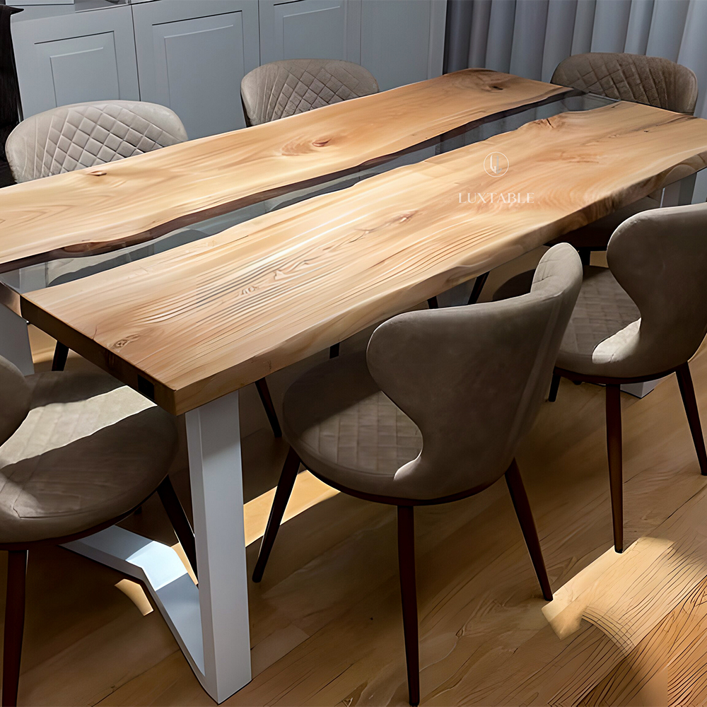 Epoxidharz Tische Alagoas aus europäischem Nussbaum und hellblauem Epoxidharz mit Metallic Effekt