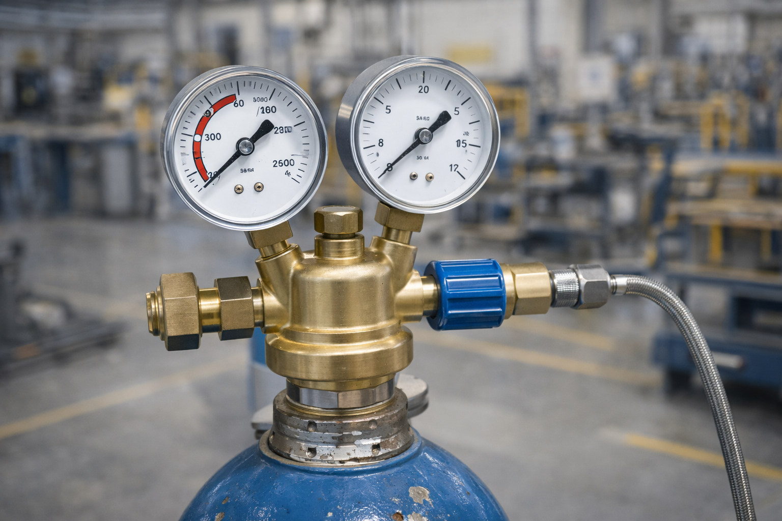 Редуктор давления газа на баллоне — двухкамерный латунный редуктор с манометрами inlet и outlet
