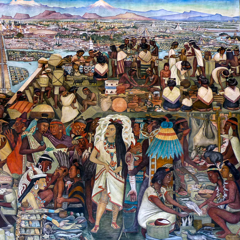 Великий Теночтитлан. Фрагмент фрески. Диего Ривера, 1945. Palacio Nacional de México.