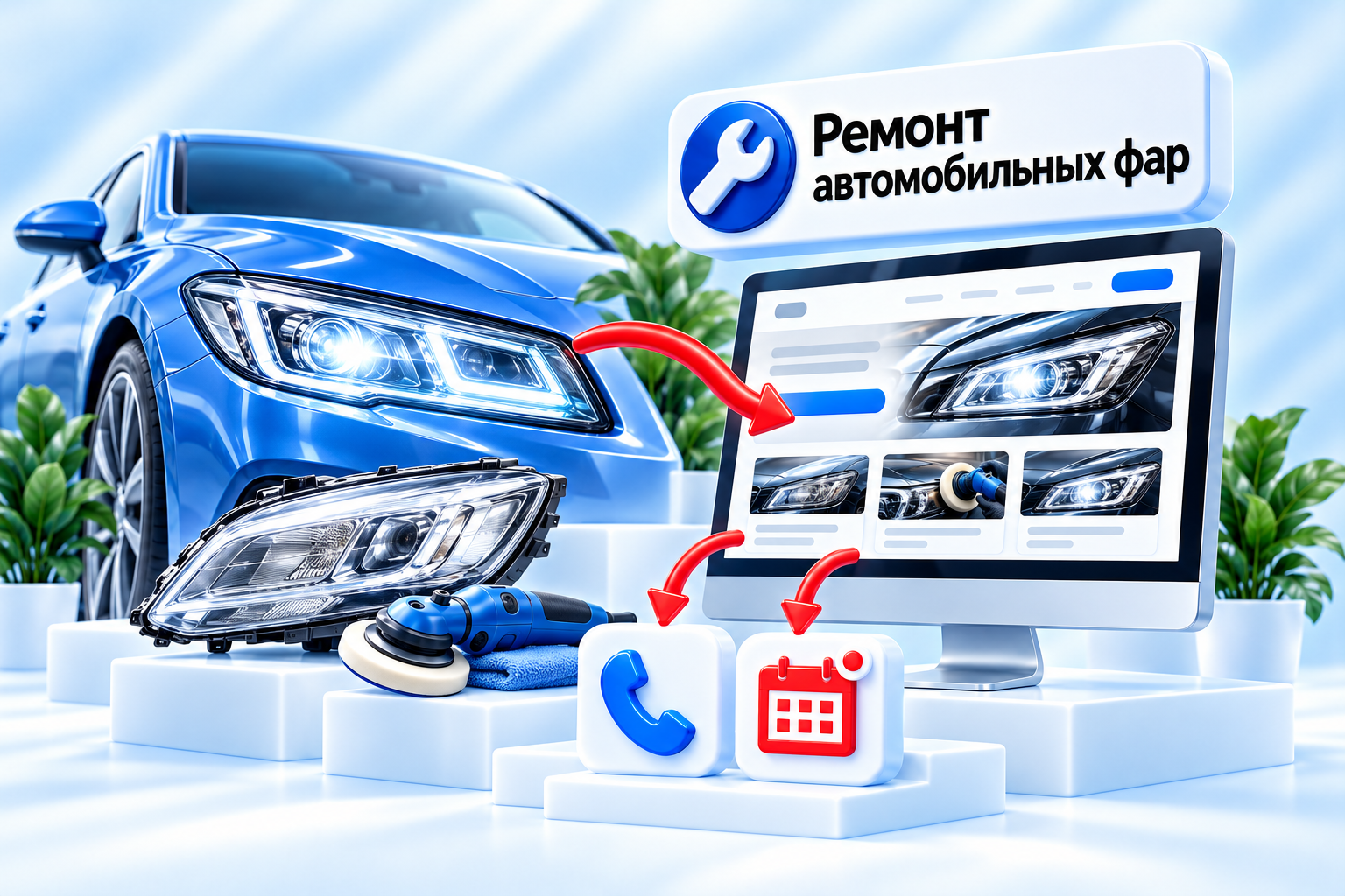 Студия ремонта автомобильных фар — иллюстрация проекта