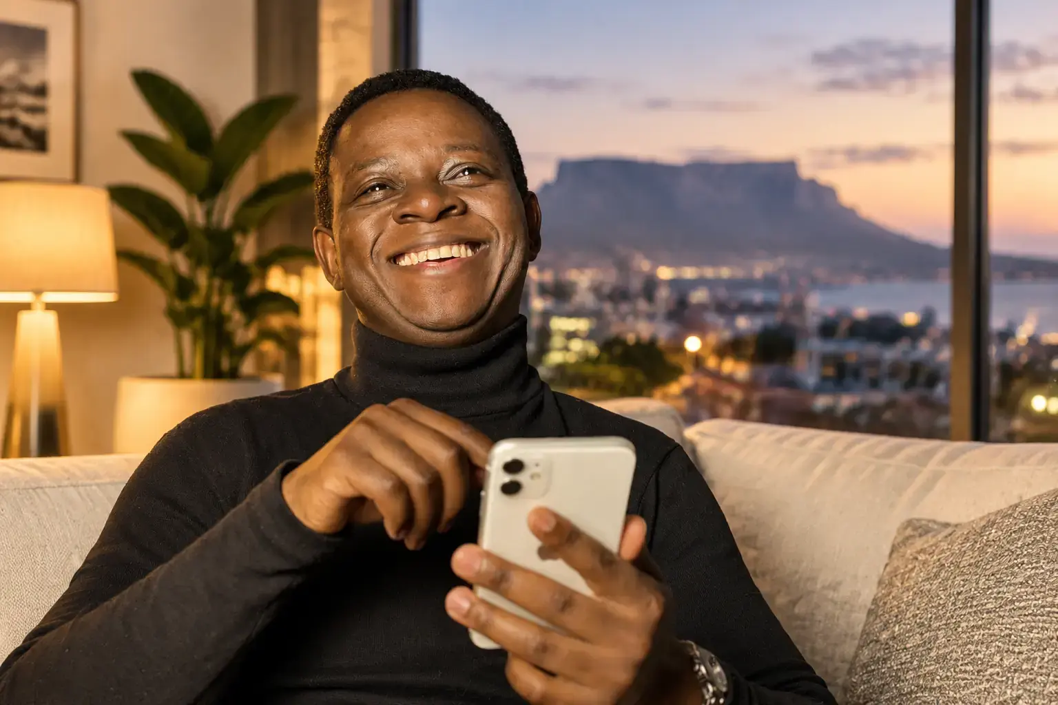 Moses Dlamini smiling at his phone at home in Cape Town