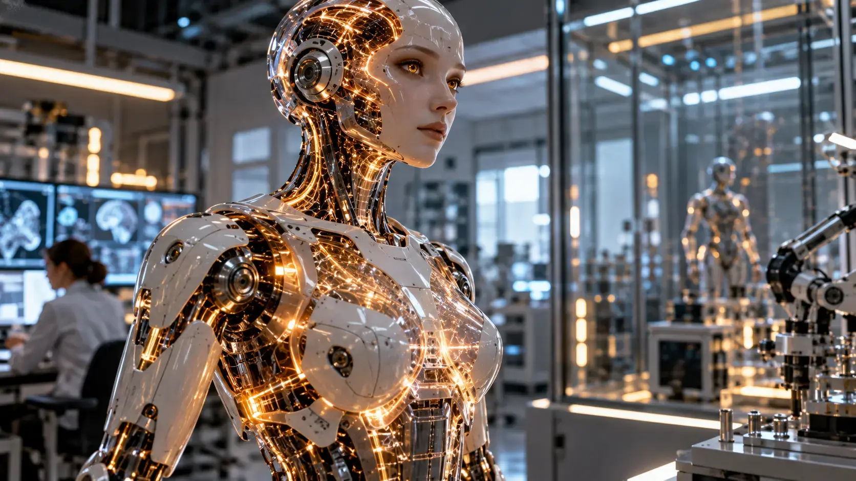 A highly detailed humanoid robot in a modern research laboratory with a semi-translucent chassis revealing intricate glowing silicon circuits and neural network pathways emitting warm amber light.