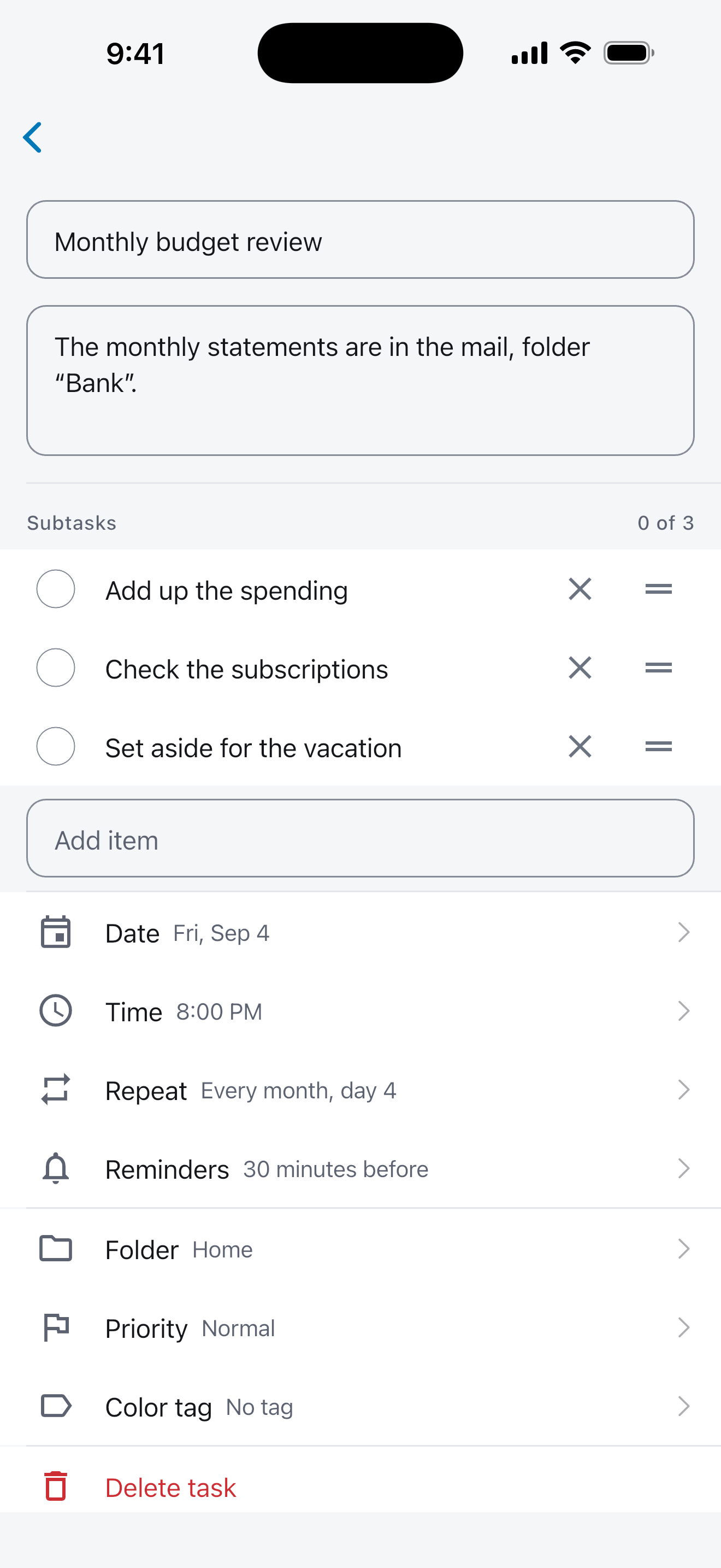 Task screen: subtasks, date, time, repeat