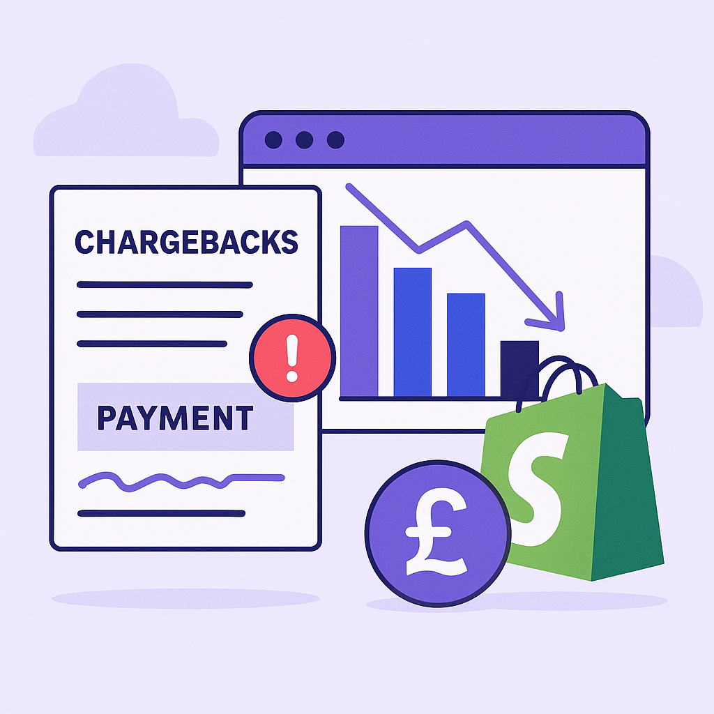 Illustration showing the impact of chargebacks on Shopify CFOs—featuring a declined payment document, a downward-trending bar chart, a red warning icon, and a green Shopify shopping bag with a pound symbol.