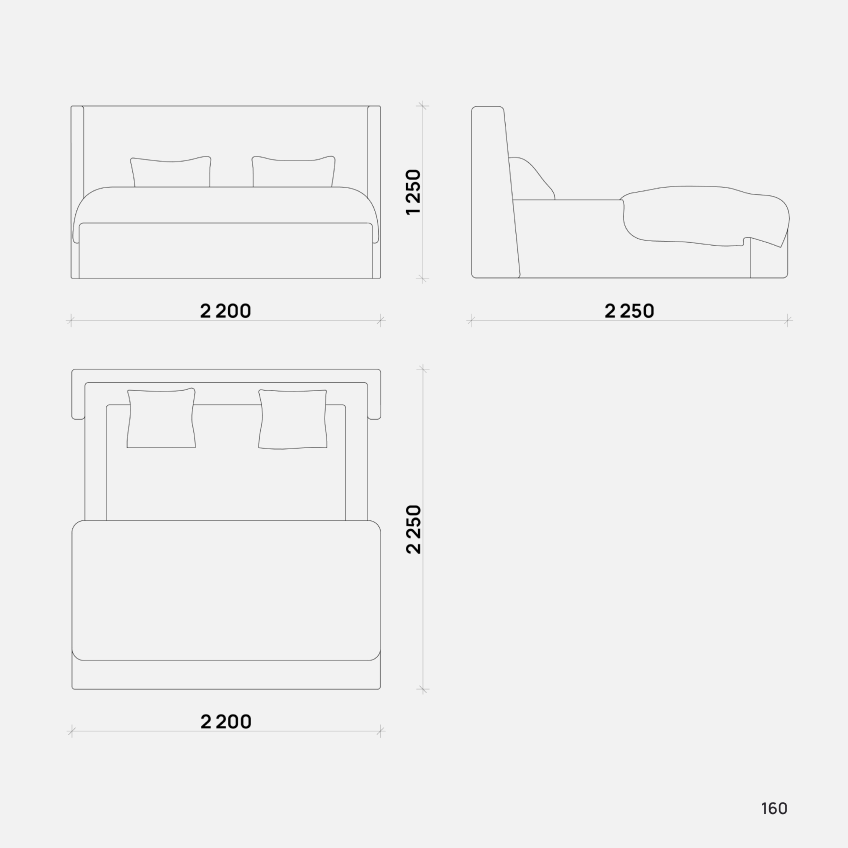 Кровать Tiny от Simple Form — стильный и минималистичный дизайн с мягким изголовьем и изножьем, выполненными из бархатистой ткани насыщенного бордового цвета.