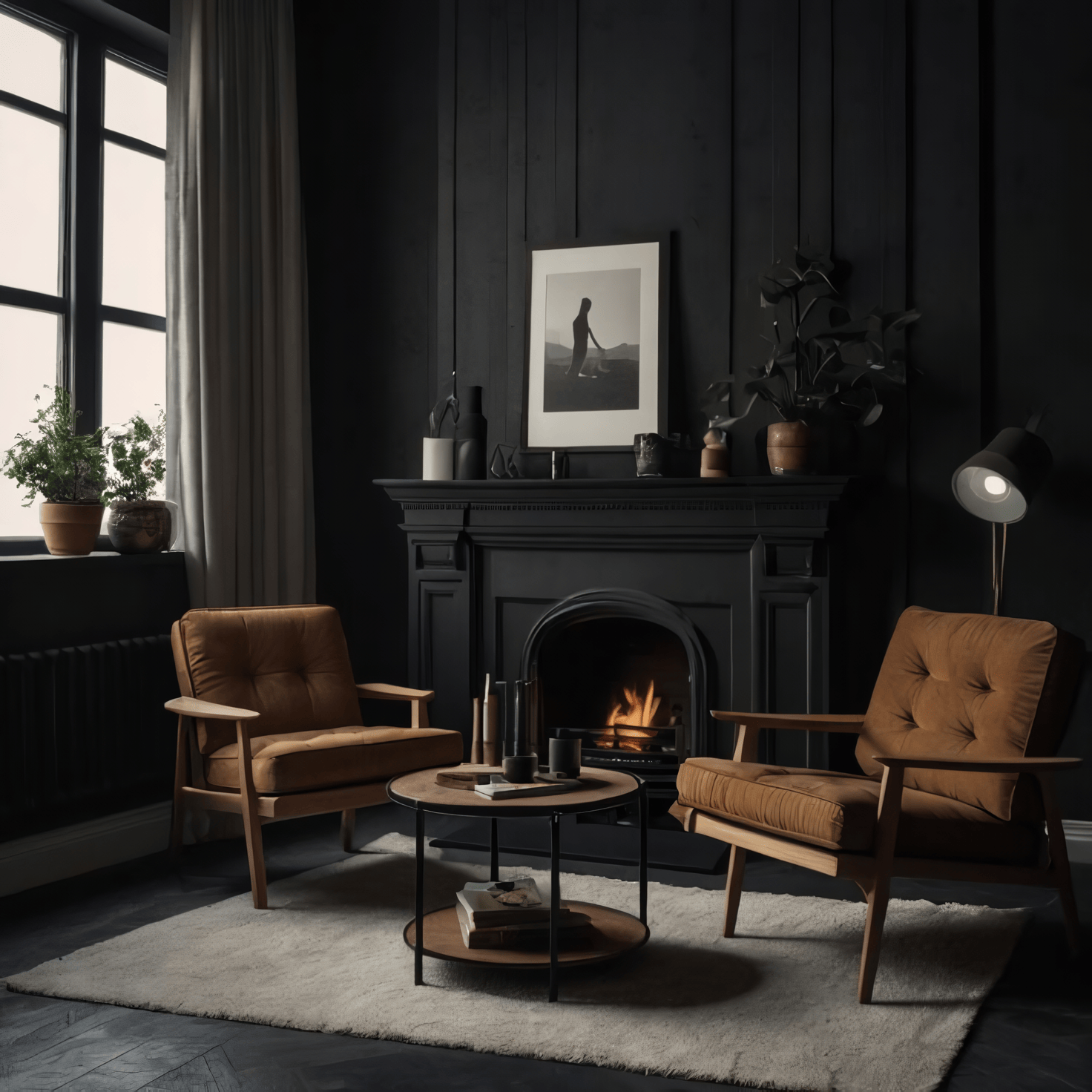 Интерьер гостиной с камином в черном цвете