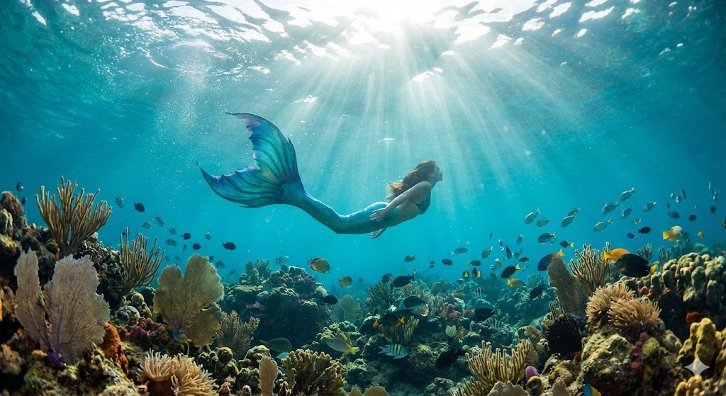 Реалистичное изображение русалки под водой в коралловом рифе в Международный день русалки