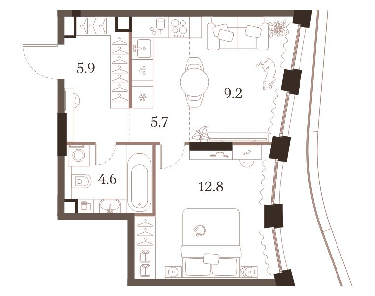 Планировка: 1-комнатная квартира 38,2 м² в ЖК «МУЗА», корпус 1, 4-й этаж