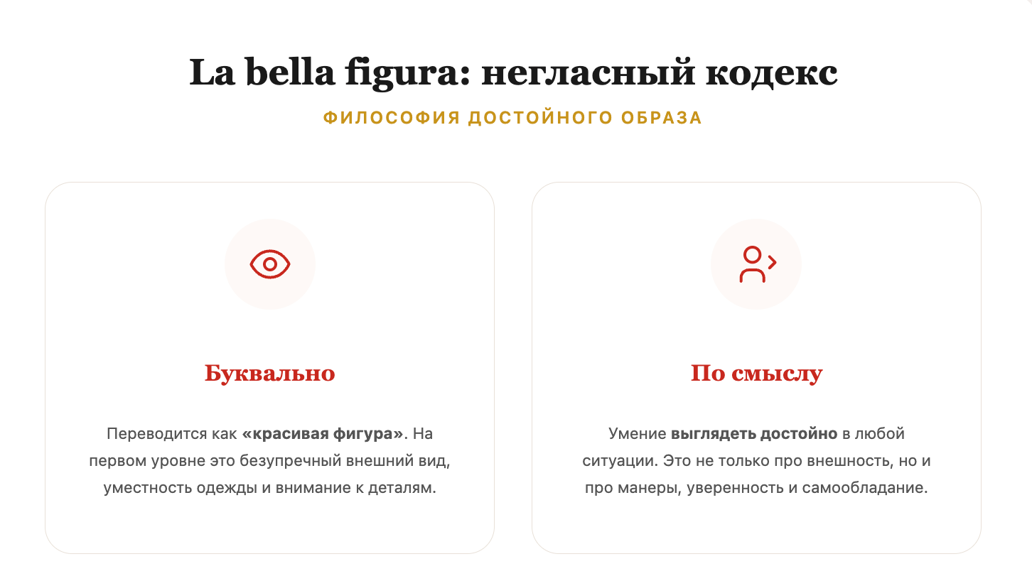 la bella figura — итальянский кодекс достойного образа: безупречный вид, манеры и самообладание в любой ситуации