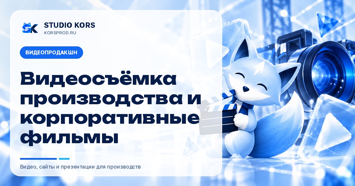 Обложка раздела «Видеопродакшн» студии KORS: надпись «Видеосъёмка производства и корпоративные фильмы», лис-талисман с хлопушкой и камера