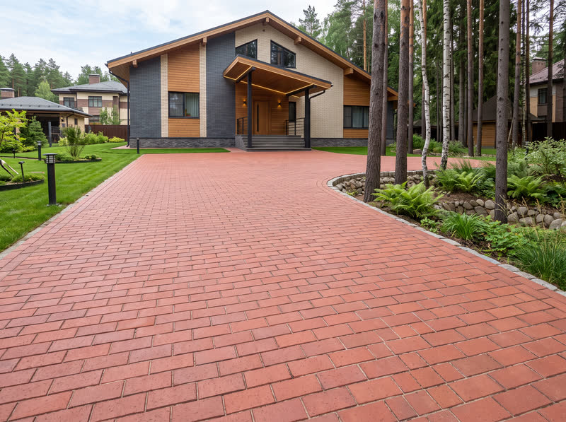 Клинкерный кирпич 200×100×50 на подъездной дорожке у дома, уложен в ёлочку