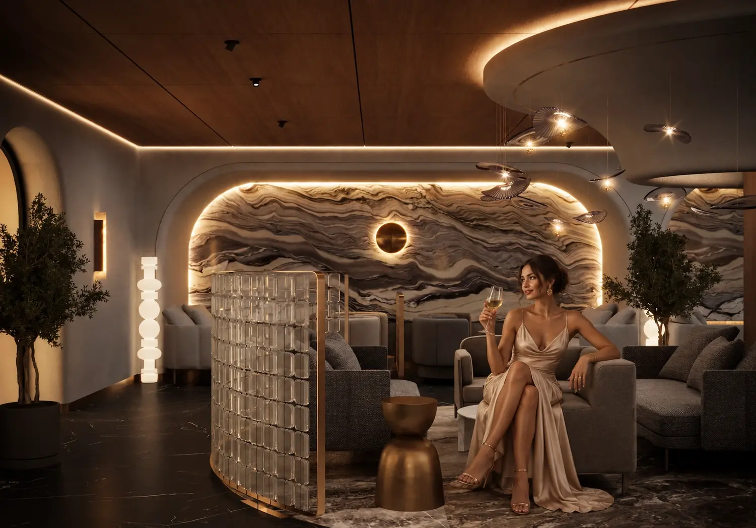Интерьер бара с мягким светом и зоной отдыха в VOLNA Resort