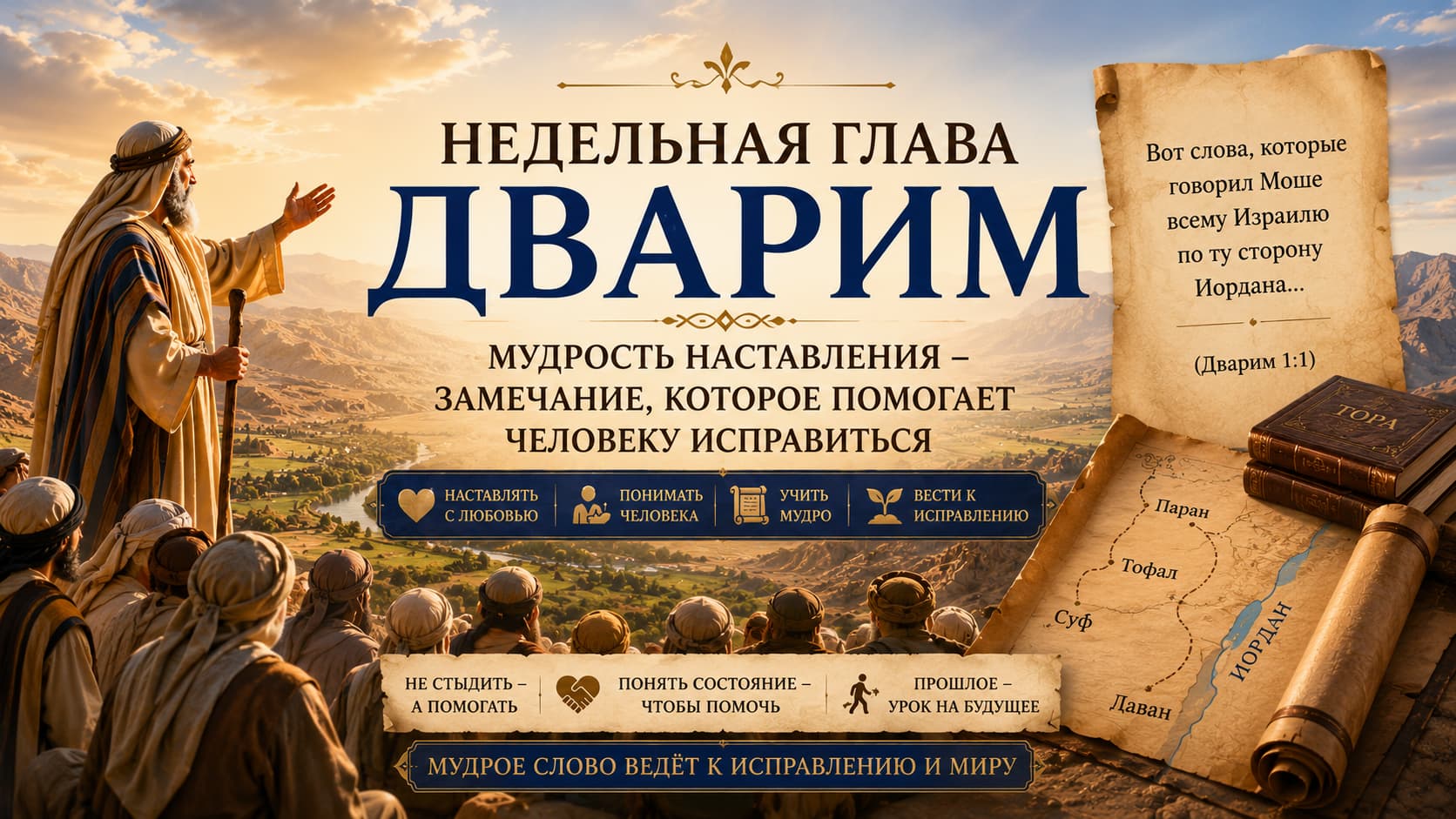 Иллюстрация к недельной главе Дварим: Моше Рабейну обращается к народу Израиля перед входом в Землю Обетованную напоминая об уроках прошлого и мудрости наставления без унижения.