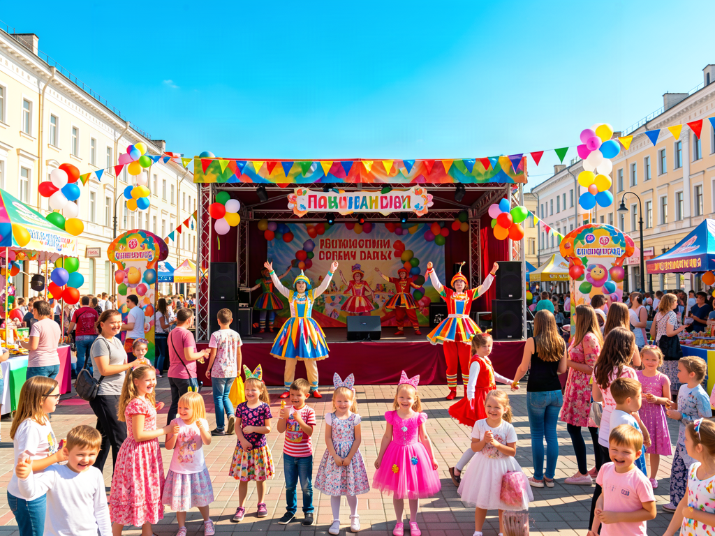 Children's day city festival on a sunny town square in Noyabrsk with colorful decorations, stage with energetic Russian performers in fun costumes, smiling Russian children and parents enjoying festival activities, 40% bright cheerful sky blue, 35% celebratory ruby red, 25% warm sunshine yellow