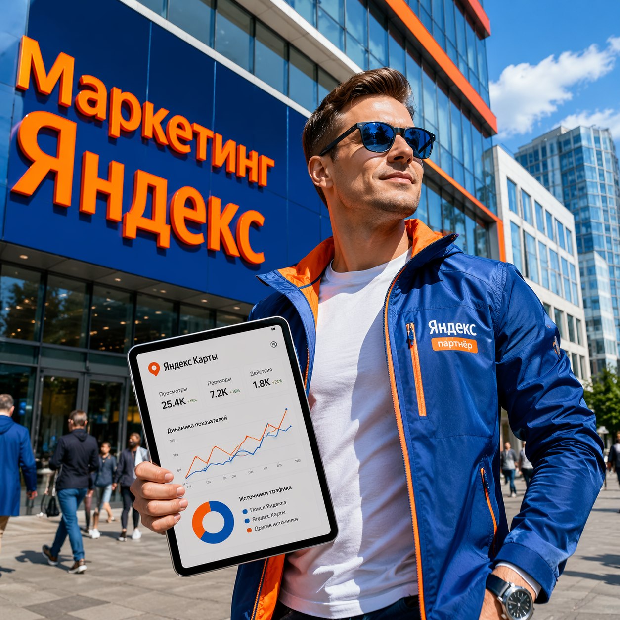 Предприниматель с планшетом показывает маркетинг Яндекс на фоне городской вывески