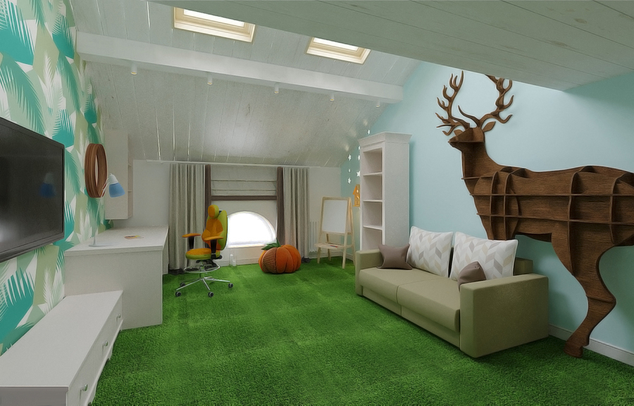 яркая детская комната с ковролином, балками, имитацией бруса и обоями-панно