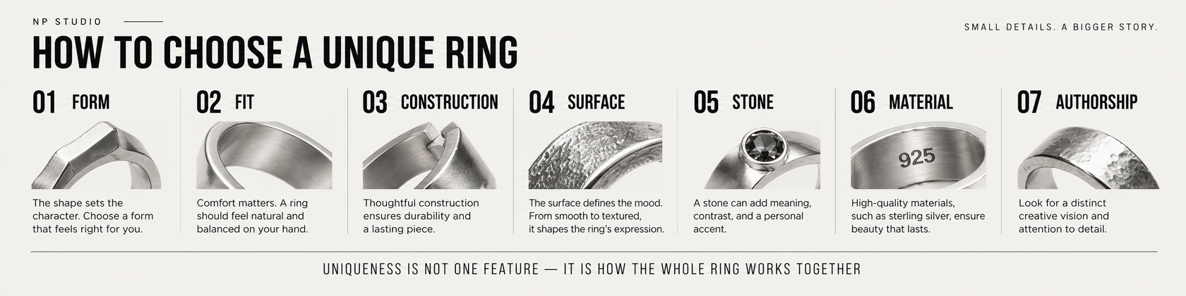How to choose a unique silver ring by comparing form, fit, construction, surface, stone, material and authorship