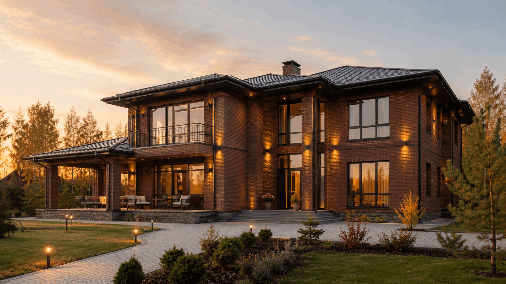 Evening Brick House — кирпичный дом в вечернем тёплом свете