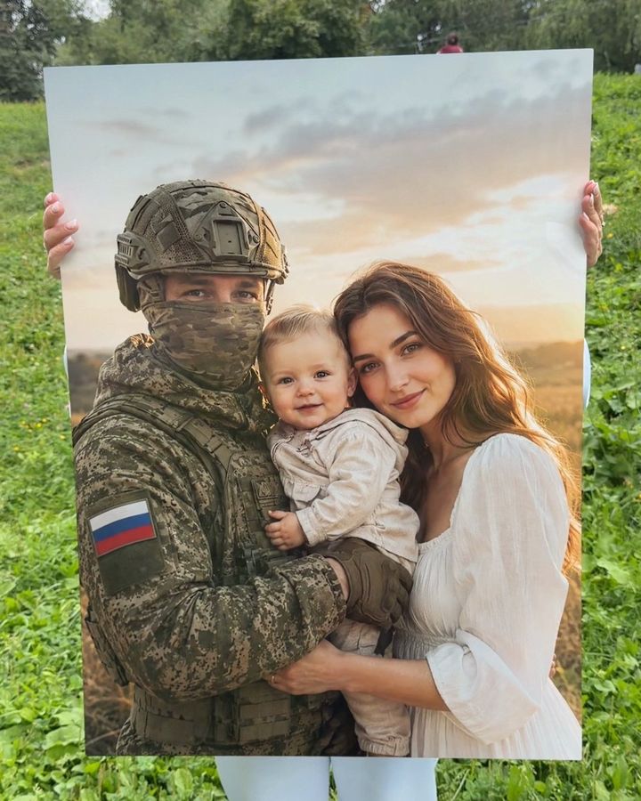 Портрет на металле: военный с женой и малышом