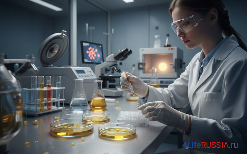 Лабораторный тест 4Life Transfer Factor: исследователь с пипеткой и образцами в чашках Петри