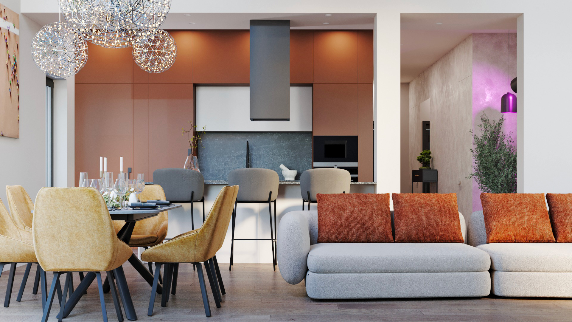 Salle à manger ouverte avec fauteuils jaunes et lustre design