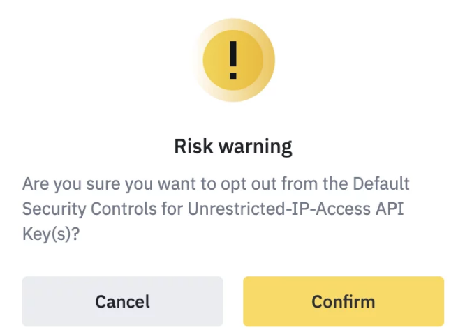 Risk warning of the Binance Futures API key permissions selection