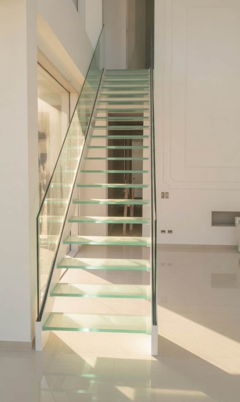Лестница с стеклянными ступенями и ограждением.