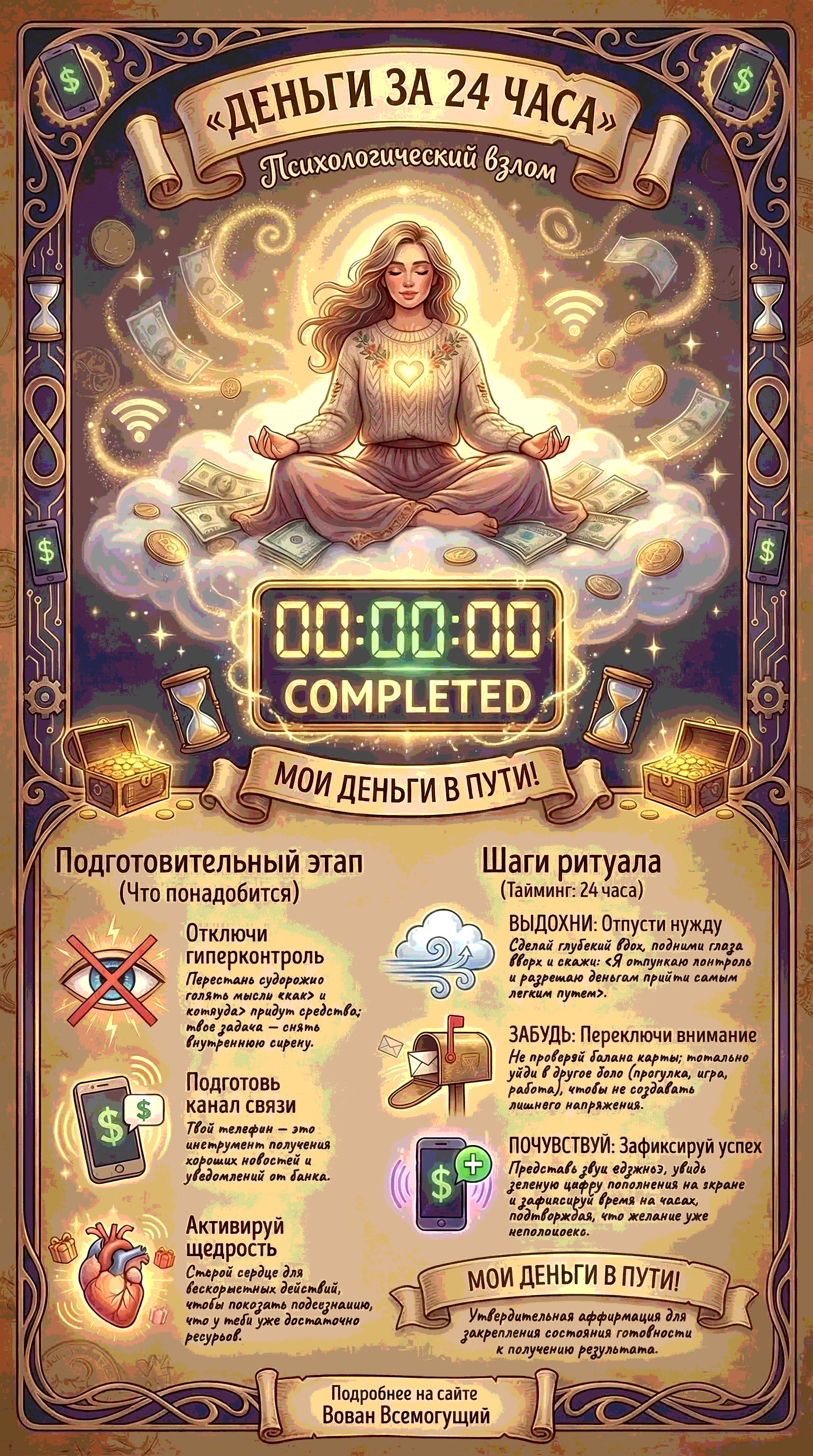 Пошаговая инфографика симорон и схема физического взлома доходов в течение суток.