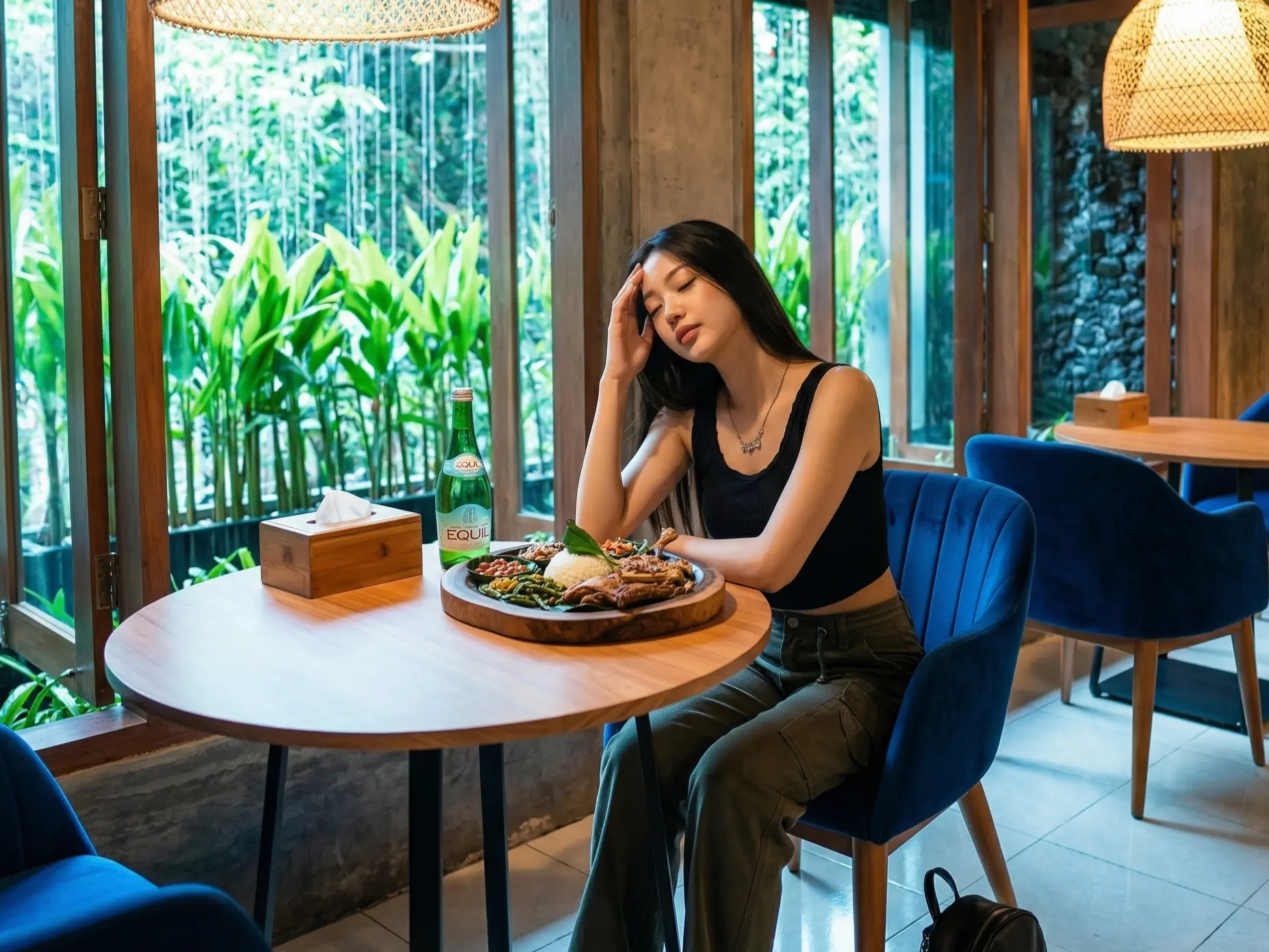 A young woman relaxing at a table with a delicious plate of Balinese food at Eden Hookah Club, the perfect spot to unwind after a day of exploring Monkey Forest Ubud.