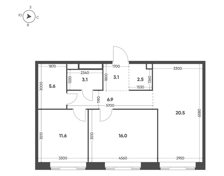 Планировка: 2-комнатная квартира 69,3 м² в ЖК «Мариин Парк», секция 1.1, 3-й этаж