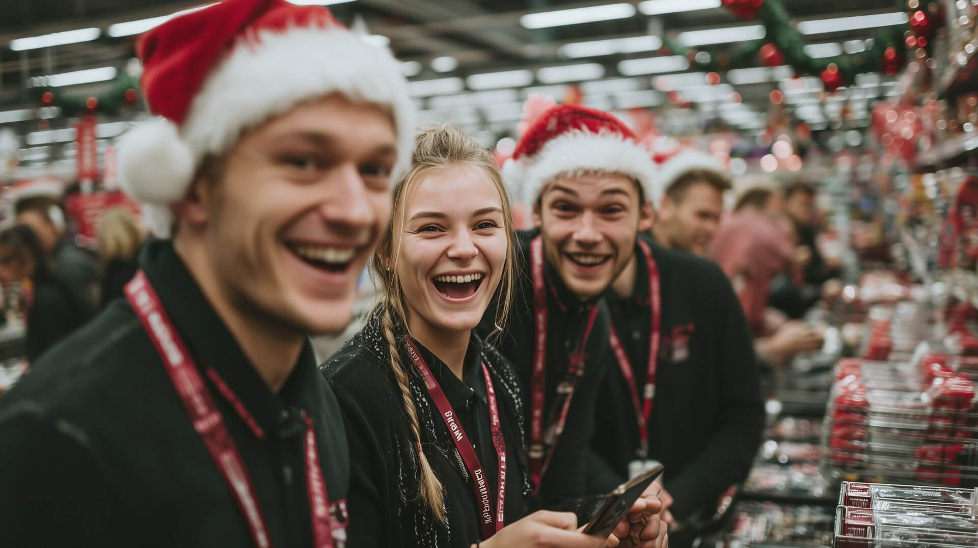 Сотрудники супермаркета в новогодних колпаках слушают корпоративную песню и смеются