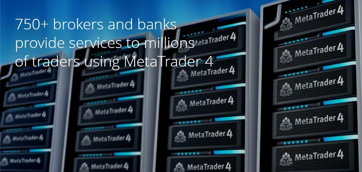 Plaque with multiple MT4 logos, with the legend: 750+ brokers and banks provide services to millions of traders using MetaTrader 4.