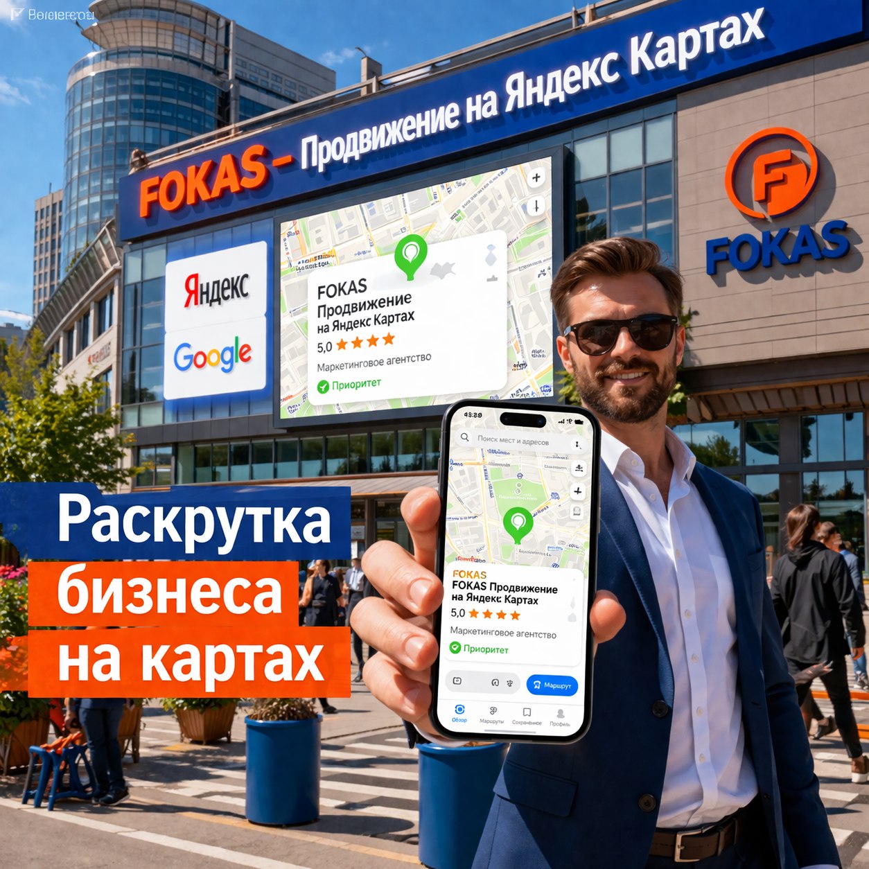 Уличная реклама FOKAS с услугой продвижение на Яндекс Картах на фасаде здания в городе-миллионнике