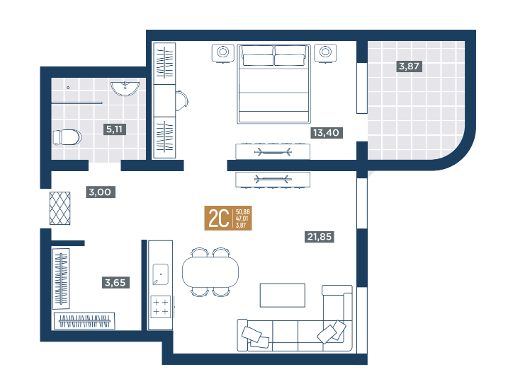 Планировка 2-комнатная 50,88 м²