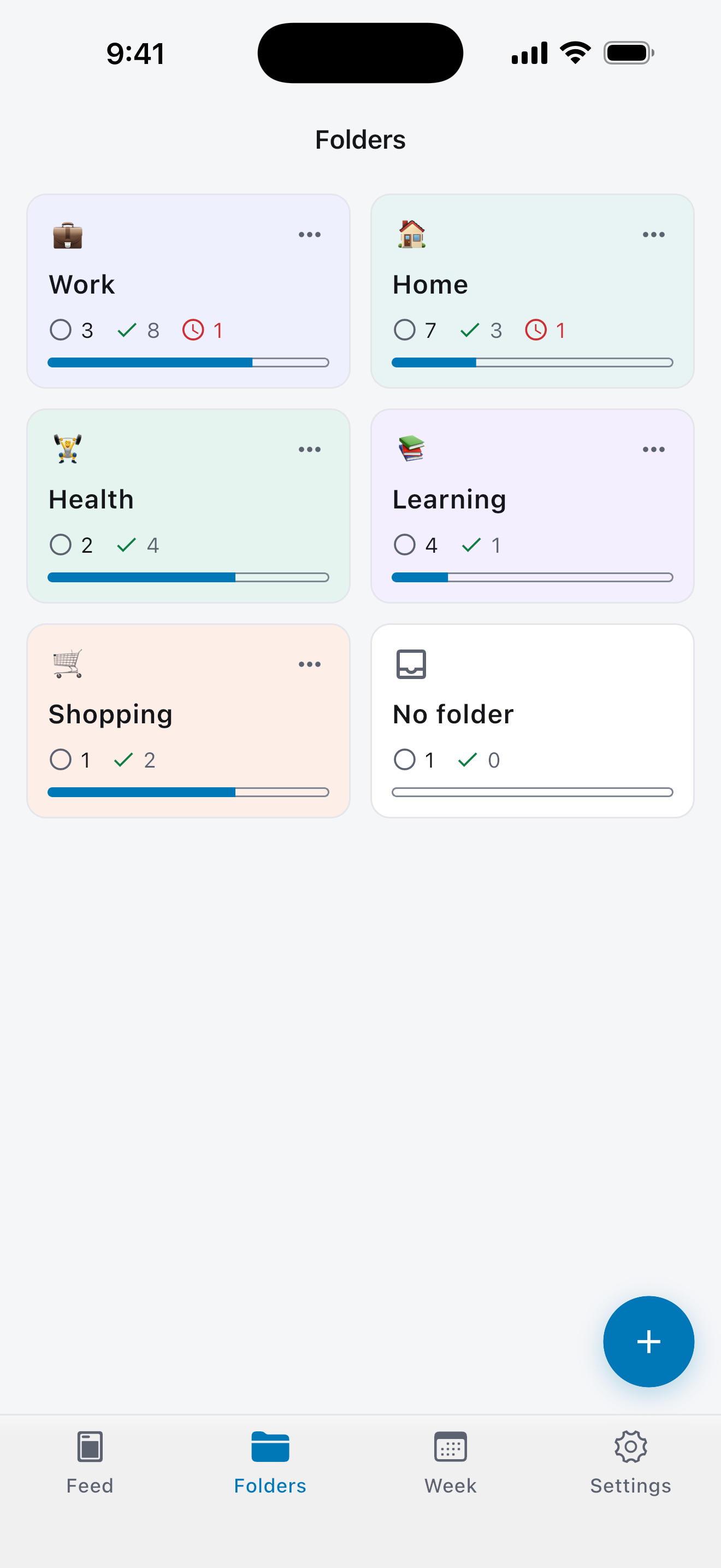 Folder grid: emoji, colour, progress